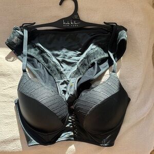 NWT Nicole Miller Black Satin and Lace Bra Set 36B
